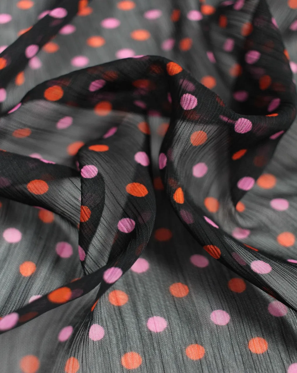 Black And Orange Pink Polka Dots Print Polyester Chiffon Fabric